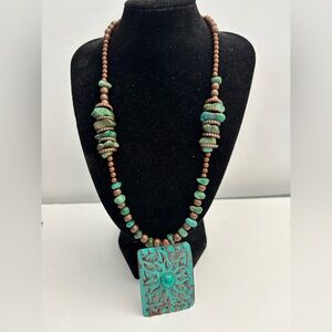 Turquoise Chip and Brown Bronze Beaded Necklace with a large Pendant